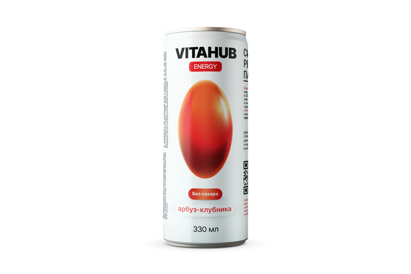 Напиток безалкогольный тонизирующий газированный без сахара VITAHUB Energy со вкусом арбуз-клубника